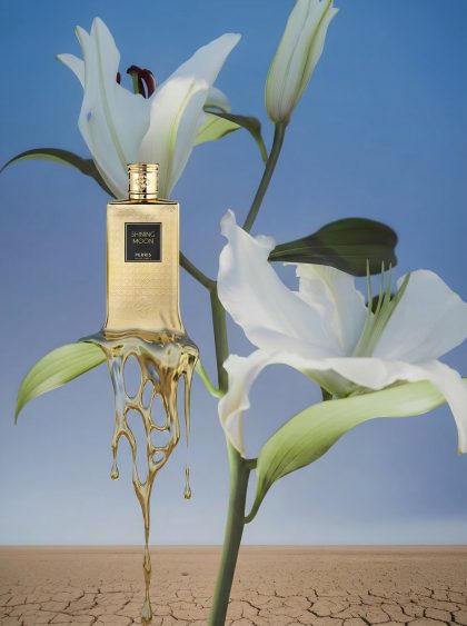 Perfume "SHINING MOON". Artwork done by Ksenija Kurs. Musky floral perfume with rosee pepper and magnolia and Iso E Super.